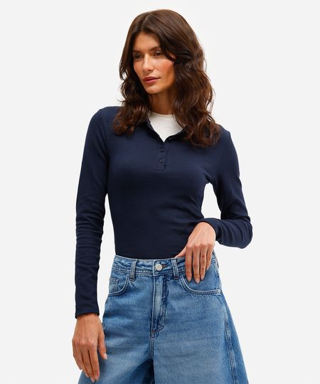 polo feminina de algodão manga longa canelada azul PP polo feminina de algodão manga longa canelada azul PP