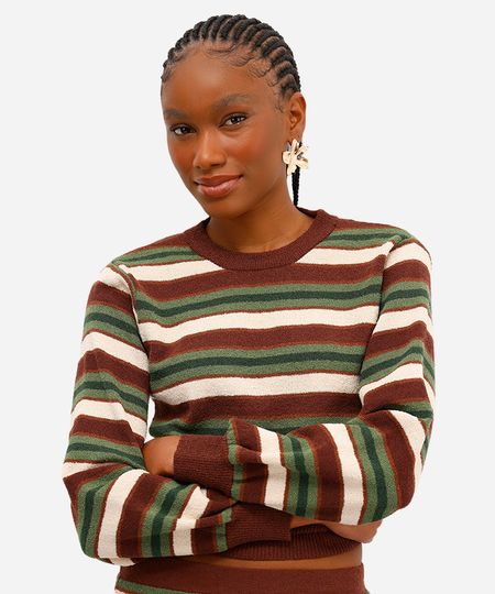 suéter feminino de tricot listrado texturizado marrom PP