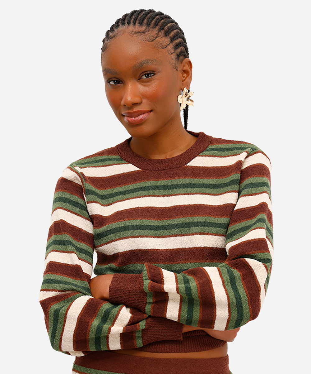 suéter feminino de tricot listrado texturizado marrom