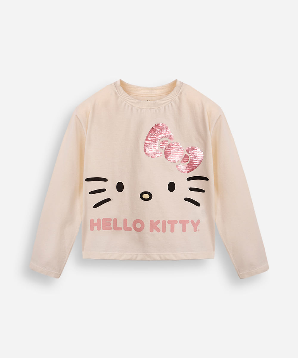 blusa de algodão infantil manga longa hello kitty off white