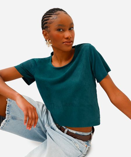 cropped feminino de suede manga curta verde PP cropped feminino de suede manga curta verde PP