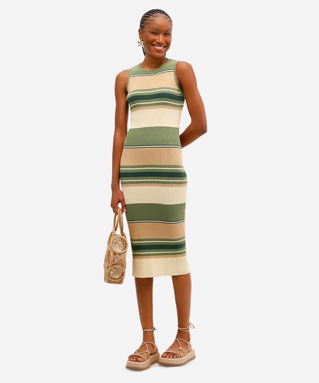vestido midi feminino de tricot listrado verde PP vestido midi feminino de tricot listrado verde PP