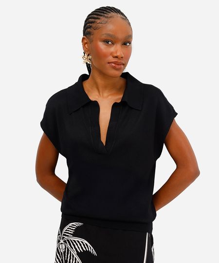 polo feminina de tricot manga curta preta P polo feminina de tricot manga curta preta P