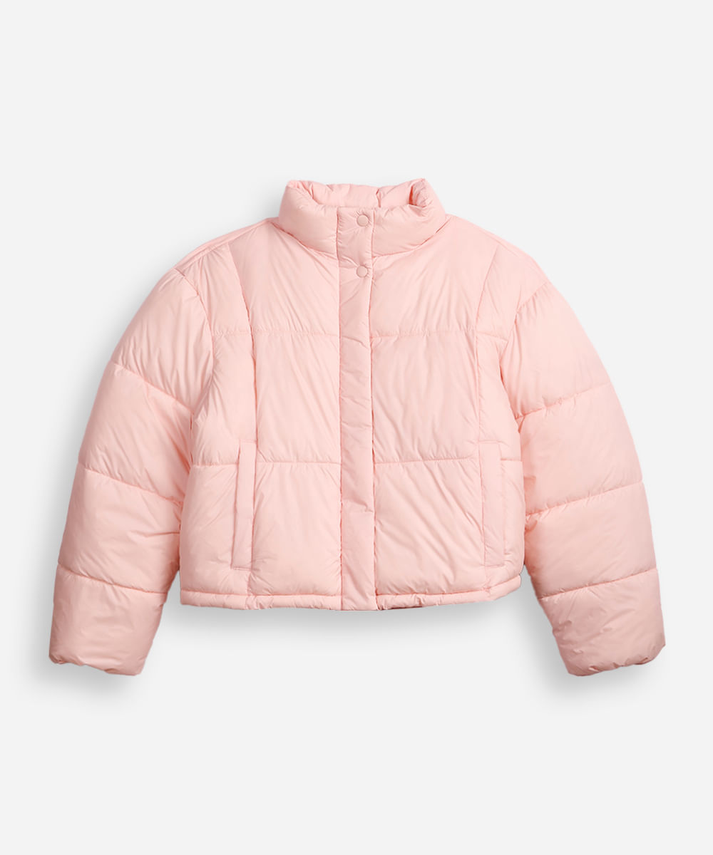 jaqueta puffer juvenil gola alta rosa