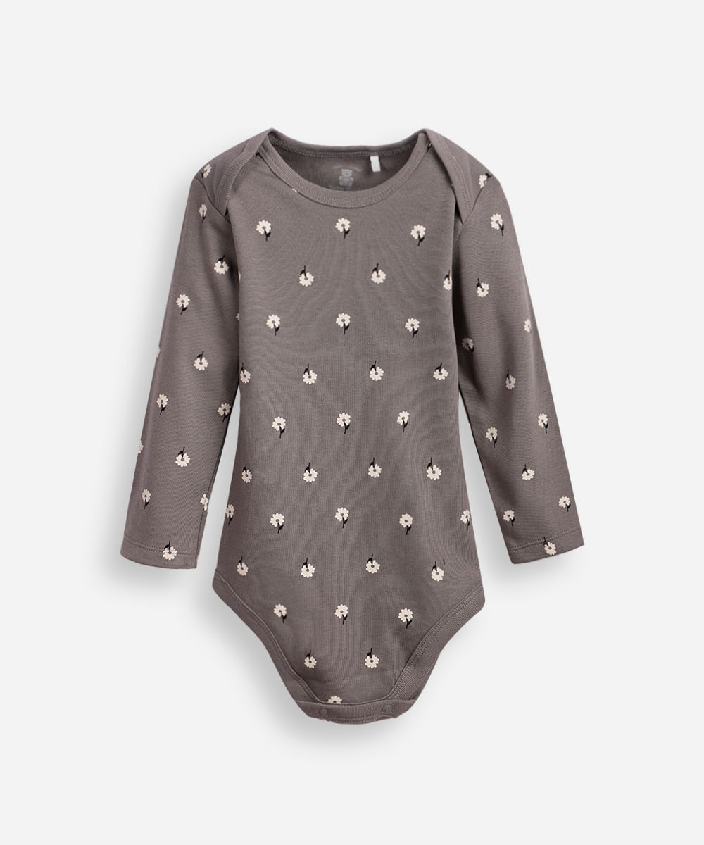 body infantil de algodão manga longa floral cinza