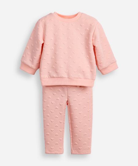 conjunto infantil longo de moletom coração texturizado rosa 6-9
