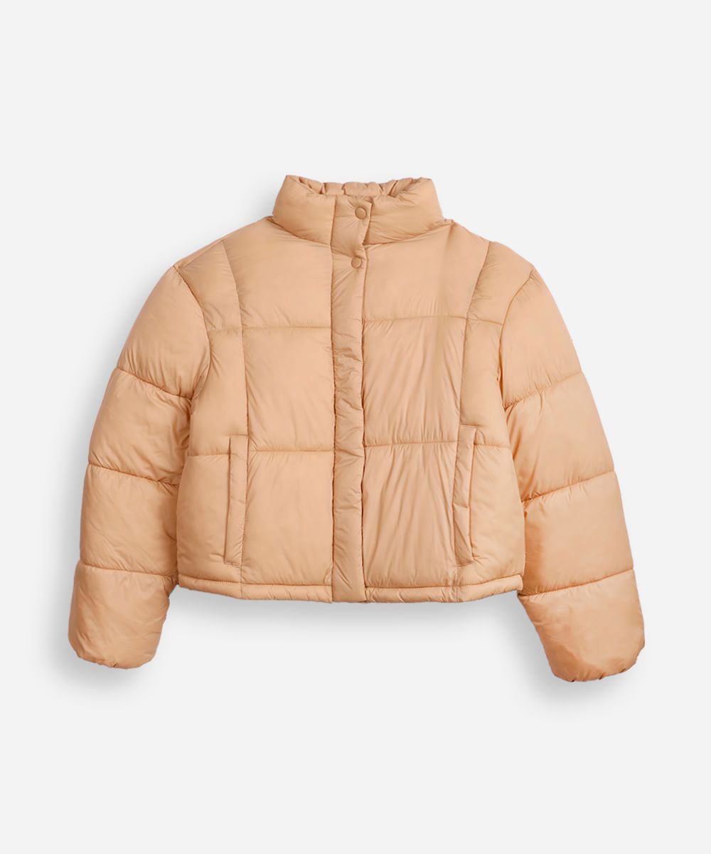 jaqueta puffer juvenil gola alta bege