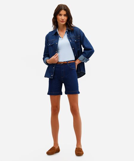 bermuda feminina jeans cintura alta com fendas azul 38