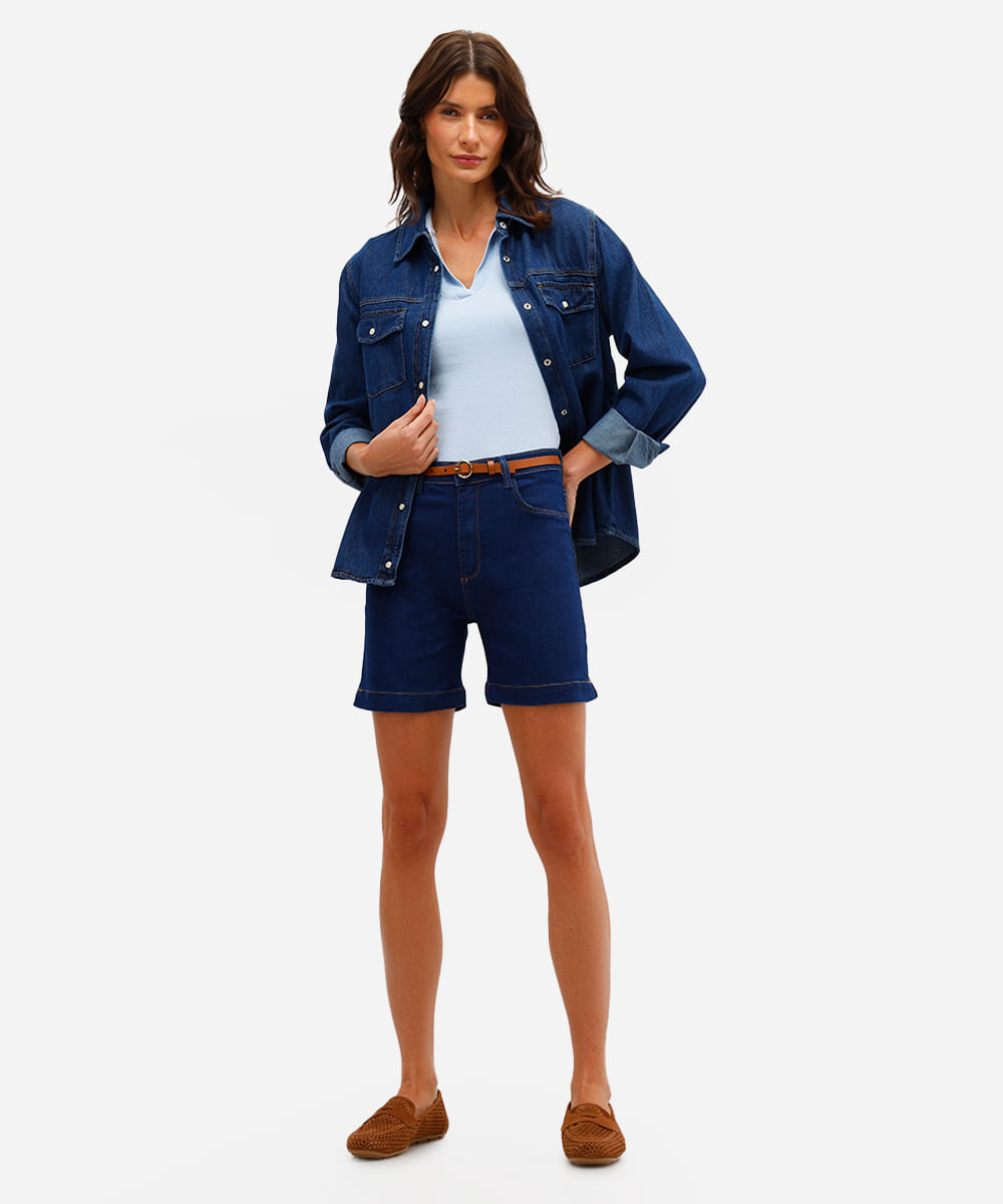 bermuda feminina jeans cintura alta com fendas azul