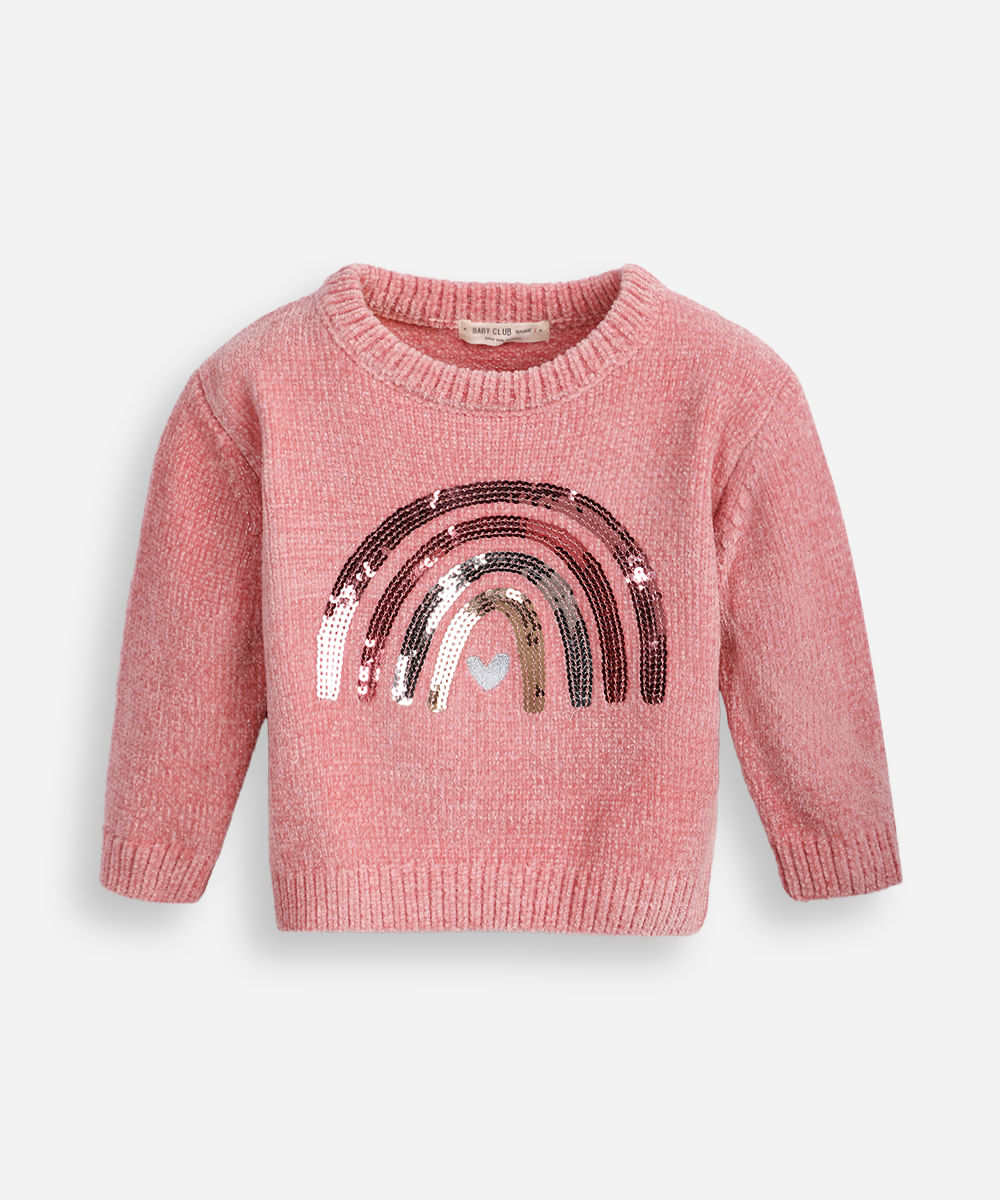 suéter de tricot infantil arco íris paetê rosa