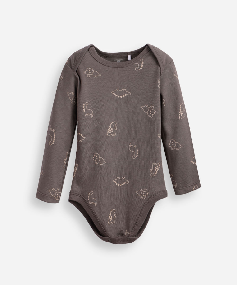 body infantil de algodão manga longa dinossauros cinza