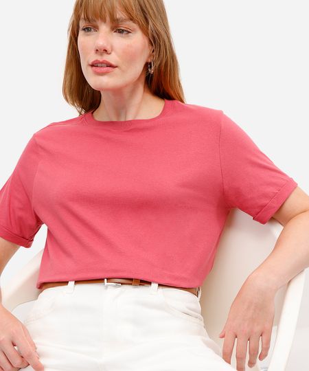 camiseta básica feminina de algodão manga curta rosa M