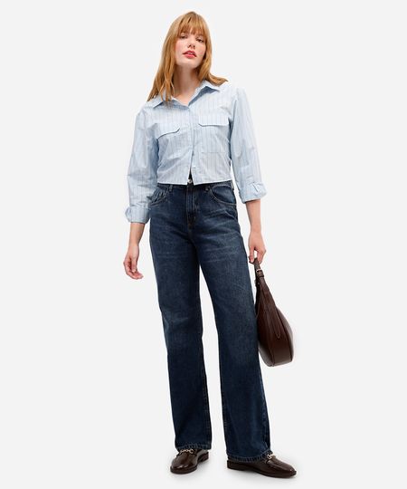 calça wide leg feminina jeans cintura alta azul 36