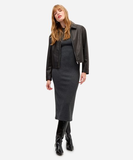 vestido midi feminino manga curta canelado cinza PP