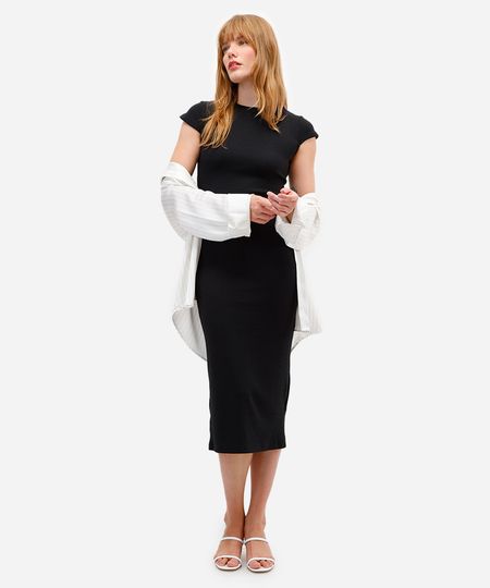 vestido midi feminino manga curta canelado preto G