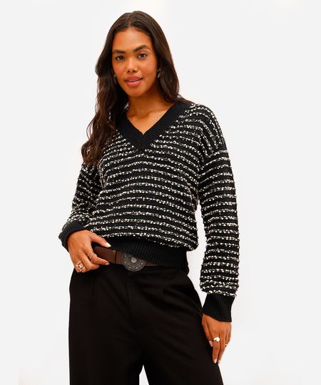 suéter feminino de tricot texturizado listrado preto M suéter feminino de tricot texturizado listrado preto M