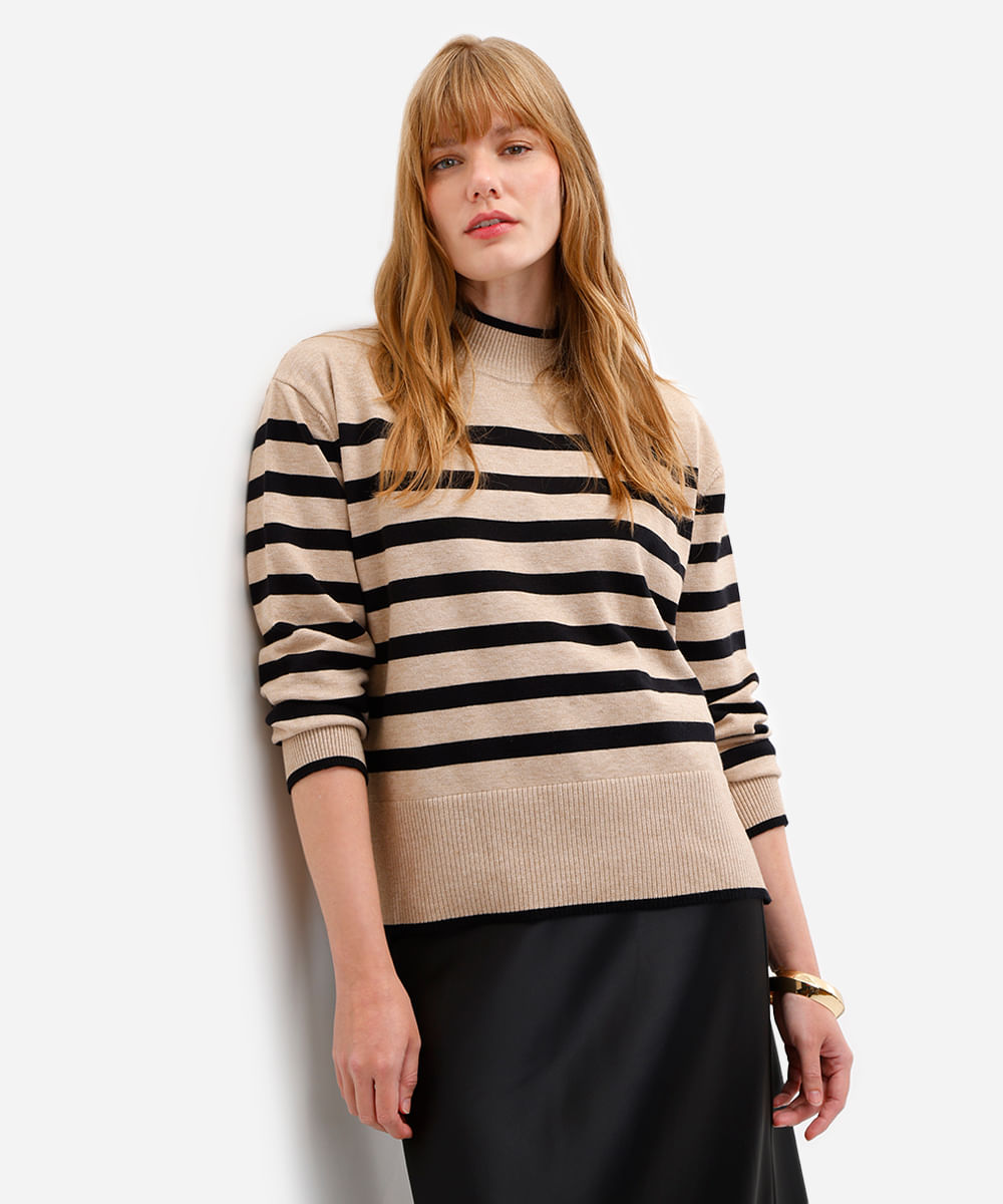 suéter feminino de tricot manga longa listrado