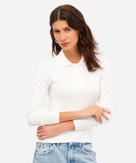 polo feminina de algodão manga longa canelada off white M