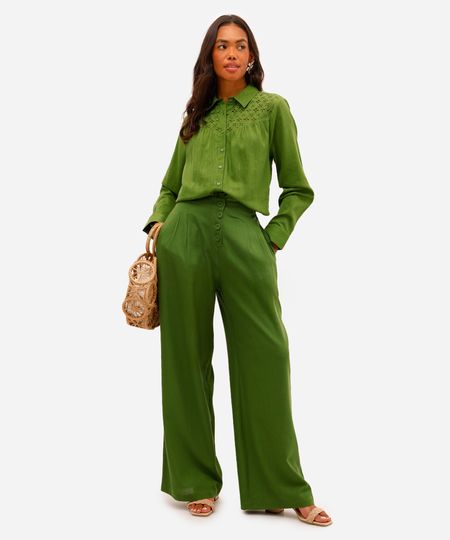 calça pantalona feminina com linho cós elástico verde 34 calça pantalona feminina com linho cós elástico verde 34