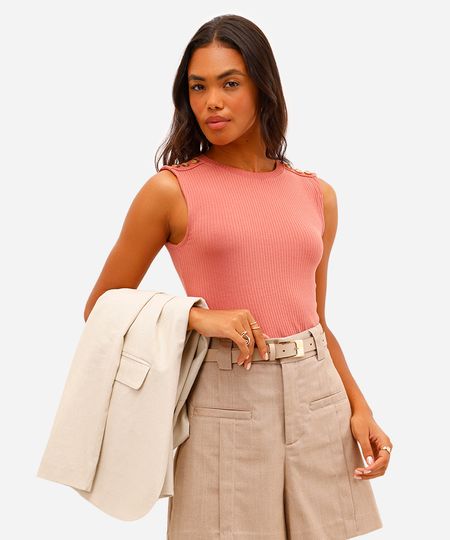 regata feminina de viscose com botões canelada bege P regata feminina de viscose com botões canelada bege P