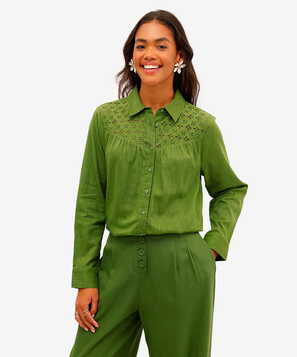 camisa feminina de algodão com recorte verde