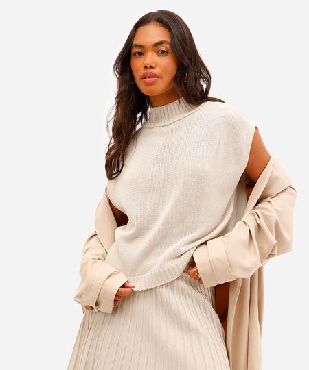 blusa feminina de tricot gola alta bege GG blusa feminina de tricot gola alta bege GG