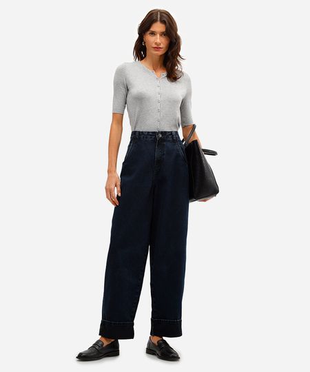 calça baggy feminina jeans com barra dobrada azul 36
