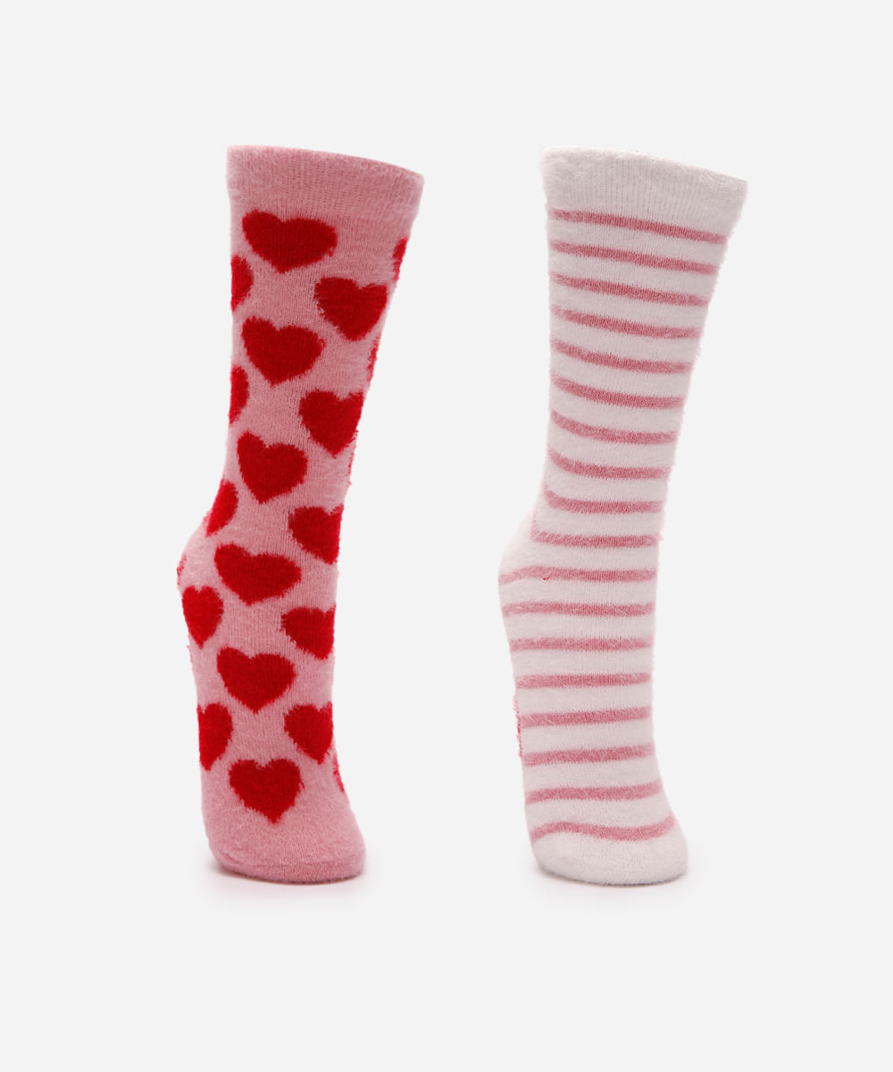 Vista 2 kit de 2 meias femininas cano alto coração e listrada colorida C&A Multicor C&A Multicor