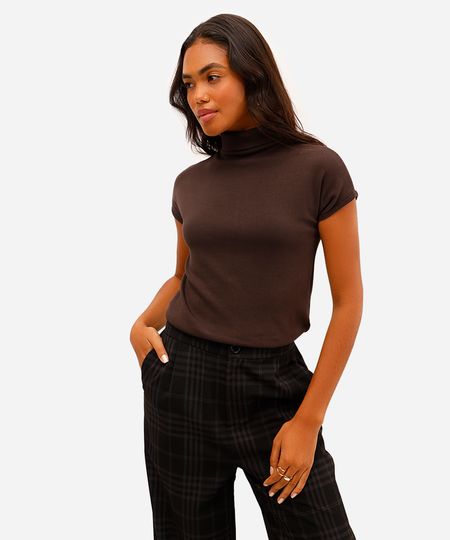 blusa feminina de algodão gola alta marrom PP