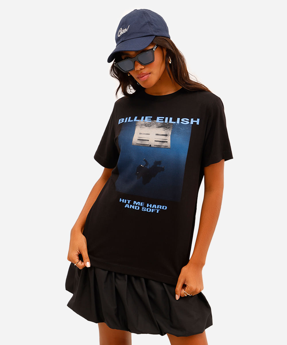 camiseta feminina de algodão billie eilish preta