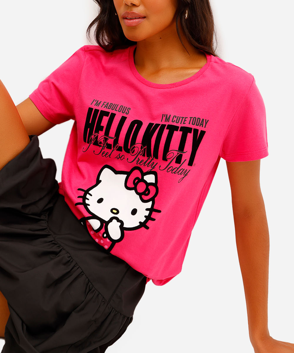 camiseta feminina de algodão hello kitty texturizada rosa