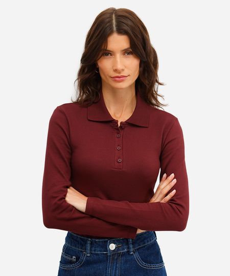 polo feminina de algodão manga longa canelada  vinho P