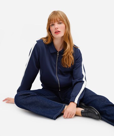 jaqueta bomber feminina com listras azul P