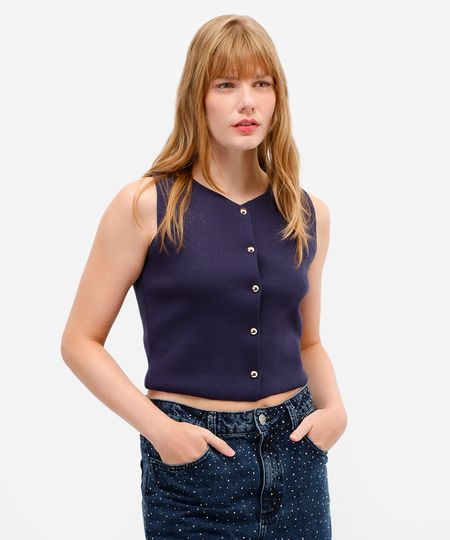 colete feminino de tricot com botões azul G
