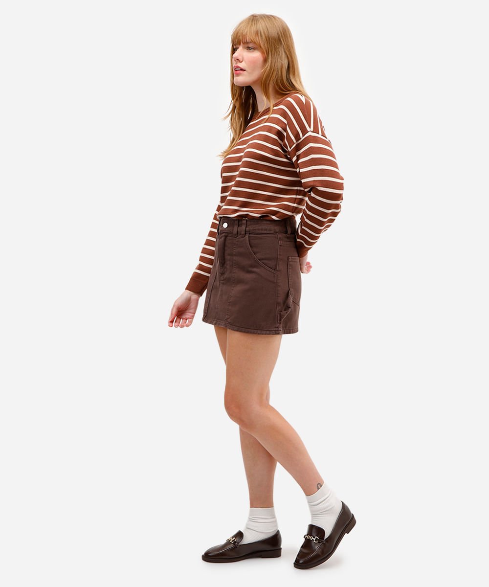 minissaia feminina de sarja cintura média marrom