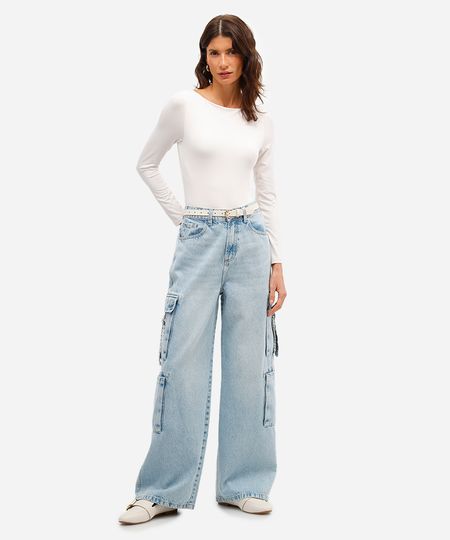 calça skater feminina jeans com bolso cargo azul 38
