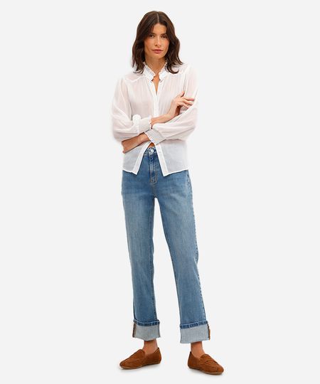 calça reta feminina jeans cintura média azul 36