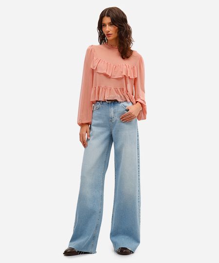calça wide leg feminina jeans cintura alta barra desfiada azul 38