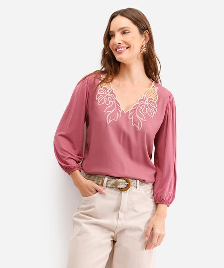 bata de viscose decote v folhagem vinho G