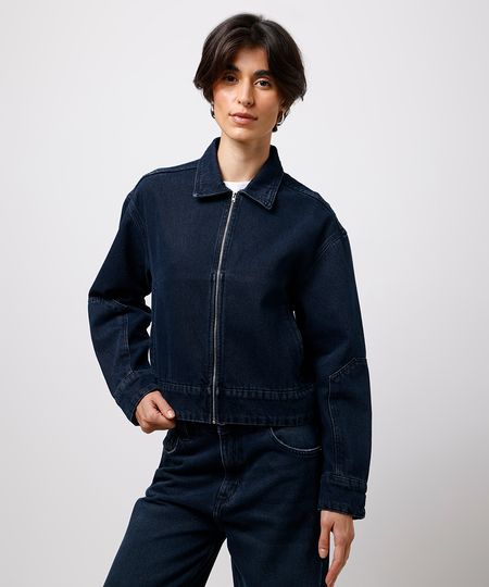 jaqueta bomber feminina jeans com recorte mindset azul PP