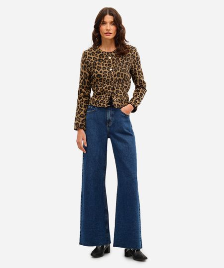 calça wide leg feminina jeans cintura alta barra desfiada azul 38