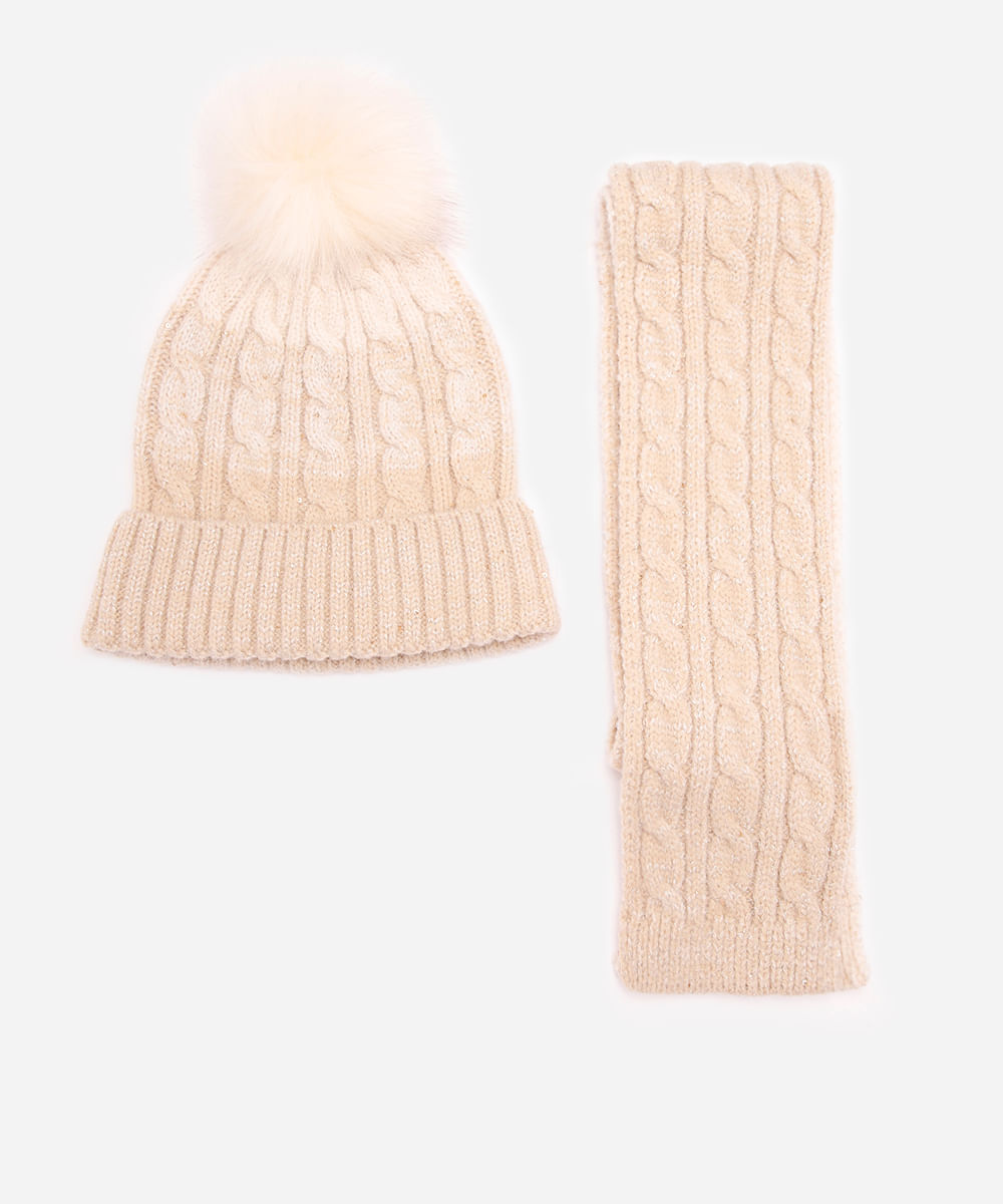 kit infantil gorro e gola com lurex e paetê bege