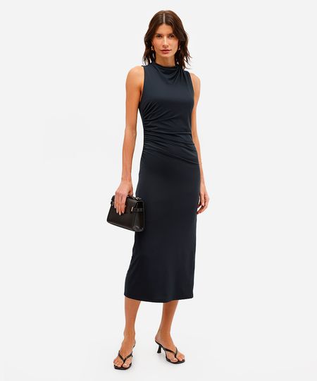 vestido midi feminino franzido com fenda preto GG vestido midi feminino franzido com fenda preto GG