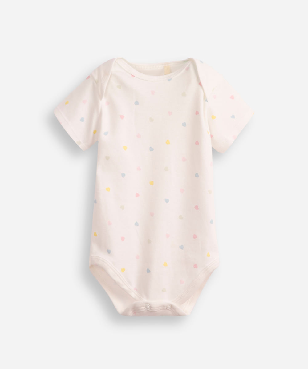 body infantil de algodão manga curta coração off white