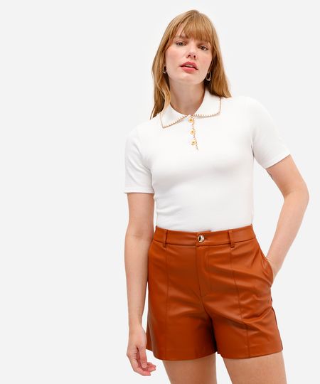 polo feminina de algodão canelada com bordado off white P