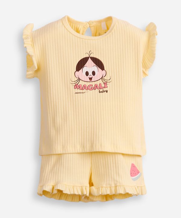 conjunto infantil curto canelado magali turma da mônica amarelo 12-18