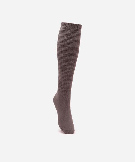 meia feminina de tricot cano longo texturizada cinza 34-39