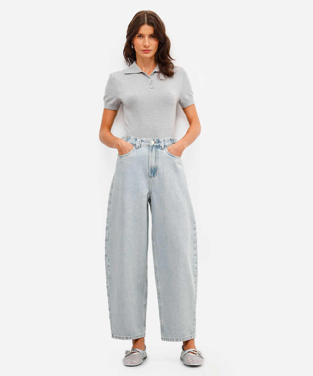 calça baggy feminina jeans cintura ajustável azul
