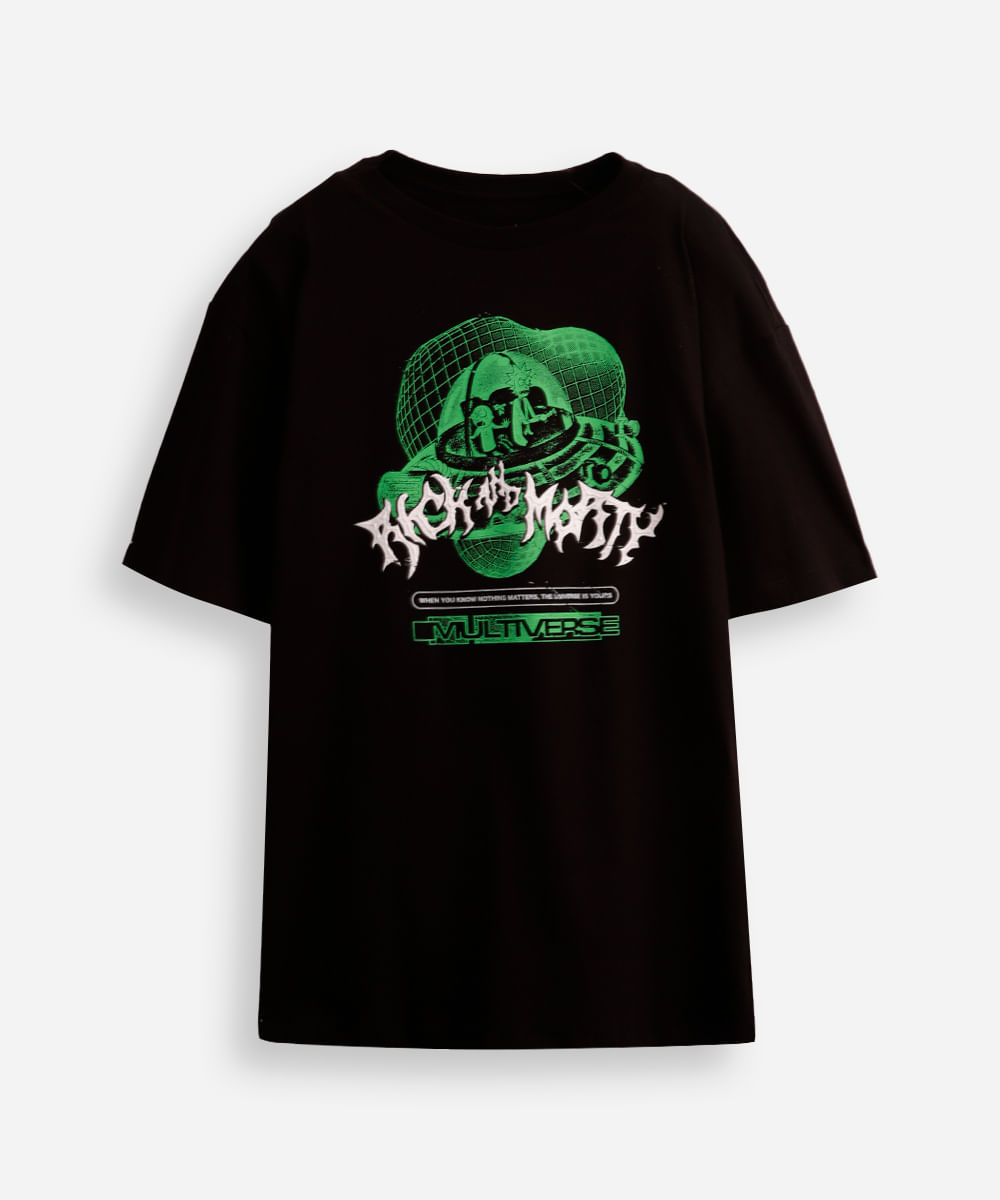 camiseta de algodão juvenil rick and morty preta