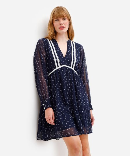 vestido curto feminino manga bufante floral - azul marinho PP vestido curto feminino manga bufante floral - azul marinho PP